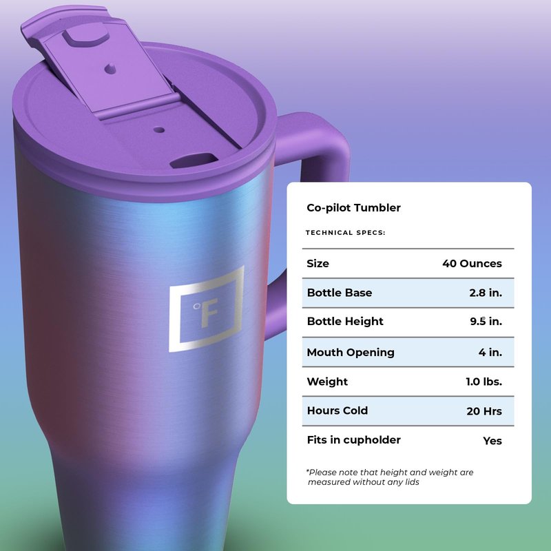 IRON °FLASK Co-Pilot Insulated Mug w/Straw & Flip Cap Lids - Cup Holder Bottle for Hot, Cold Drink - Leak-Proof - Water, Coffee Portable Travel Mug - Aurora, 40 Oz