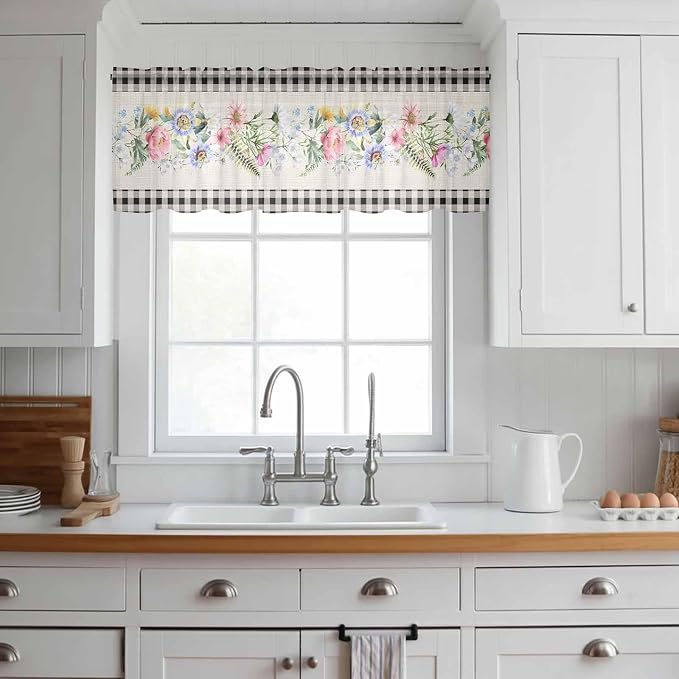 Blue Pink Floral Sheer Valance Curtains, Spring Summer Botanical Linen Black
