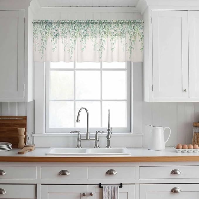 Green Leaf Sheer Valance Curtains, Eucalyptus Leaves Vintage Linen Texture