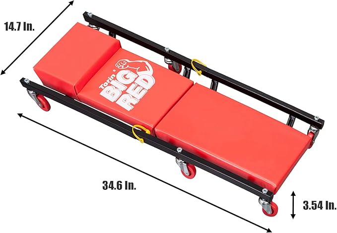 BIG RED 2-Piece Rolling Garage/Shop Creeper: 36" Padded Mechanic Cart with Headrest and 6 Casters, Red