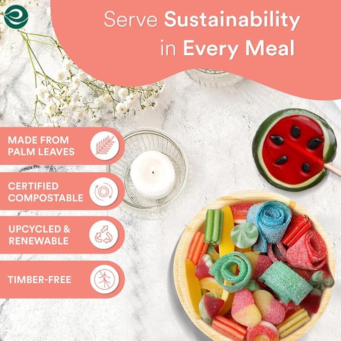 ECO SOUL 100% Compostable, Biodegradable, Disposable Palm Leaf Bowls,| 5 inch, (8oz), Round | Pack of 50| Like Bamboo Bowls, Eco-friendly | Sturdy, Microwave & Oven Safe