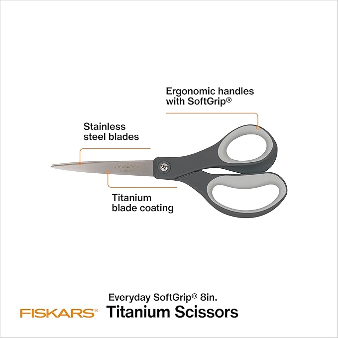 Fiskars 8" Comfort Grip Titanium All Purpose Scissors, Sharp Stainless Steel Blades for Everyday Cutting Tasks, Home, Office, and Arts & Crafts, Gray