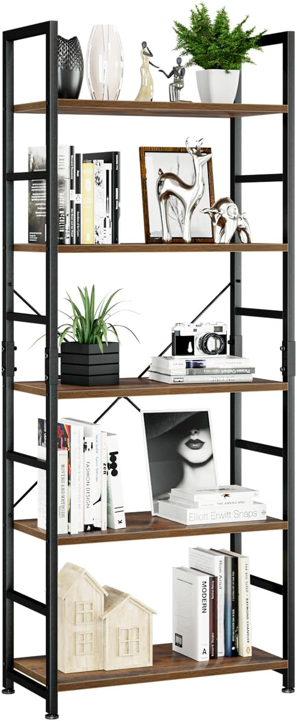 NUMENN 5 Tier Bookshelf, Tall Bookcase Shelf Storage Organizer, Modern Book Shelf for Bedroom, Living Room and Home Office, Vintage