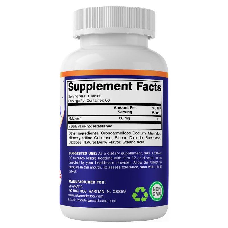 Vitamatic Melatonin 60 mg Fast Dissolve Tablets - 60 Vegan Natural Berry Flavor Tablets - Non-Habit Forming - Non-GMO, Gluten Free (1 Bottle)
