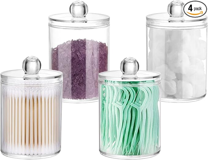4 Pack Qtip Holder Storage Canister for Cotton Ball, Cotton Swab, Pads, Floss; 10-Ounce Clear Plastic Apothecary Jar with Lid, Bathroom Makeup Organizer (4)