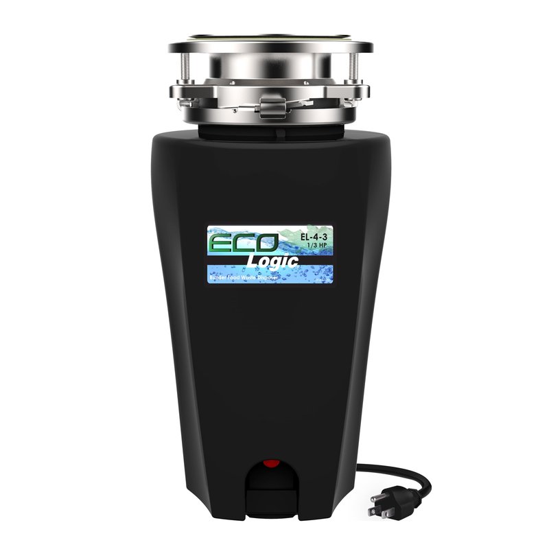 Eco Logic 1/3 Horsepower Garbage Disposal with Removeable Splash Guard, Attached Power Cord and Standard 3-Bolt Mounting System, Continuous Feed Disposer