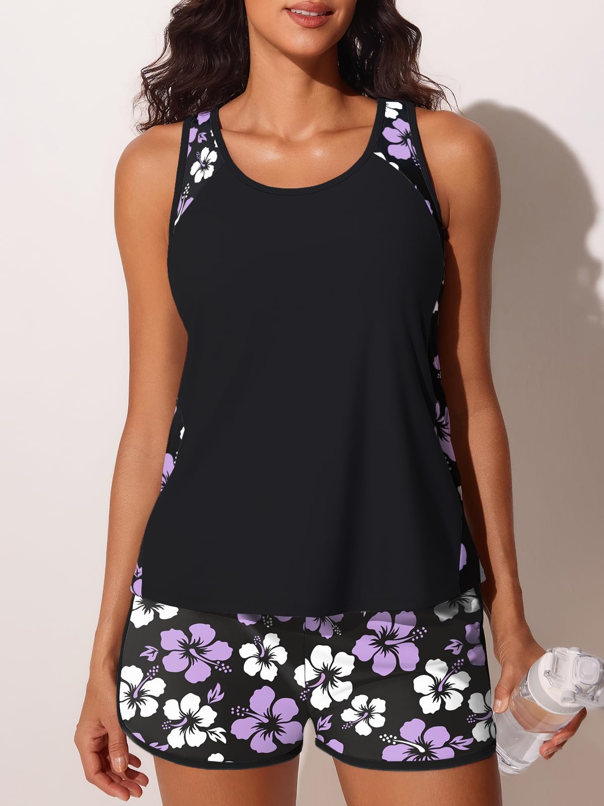 Summer Mae Blouson Tankini Swimsuits for Women 2026 Tummy Control Two Piece Bathing Suits with Sporty Pockets Swim Shorts Light Purple Floral Size 14