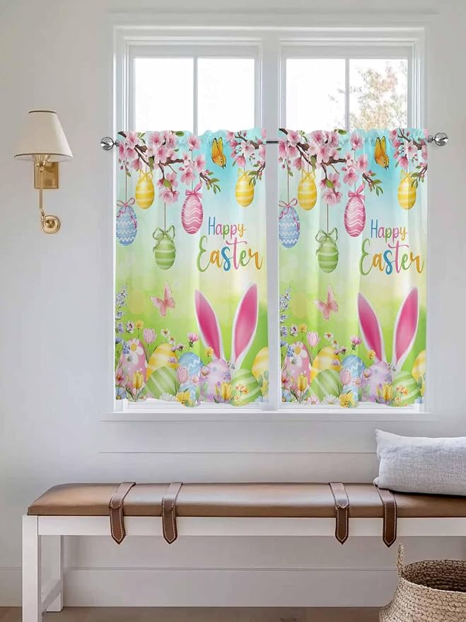 Easter Tier Curtains 45 Inches Long, Spring Bunny Colorful Rabbit Eggs