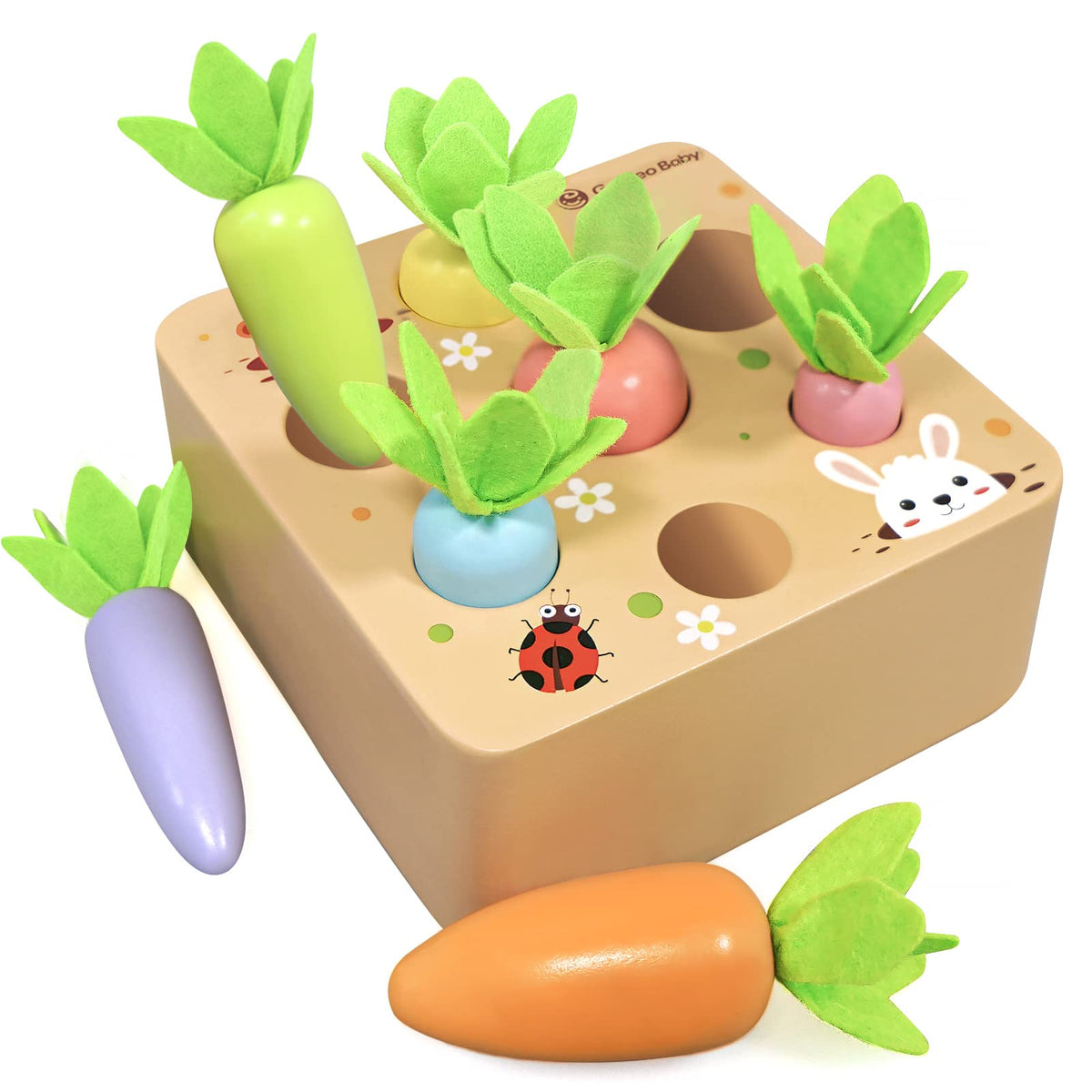 KMTJT Montessori Toys for 2 3 Year Old Toddlers, Macron Carrot Harvest Game Wooden Toys for Baby Boys and Girls, Educational Learning Shape Sorting Matching Gifts for Babies