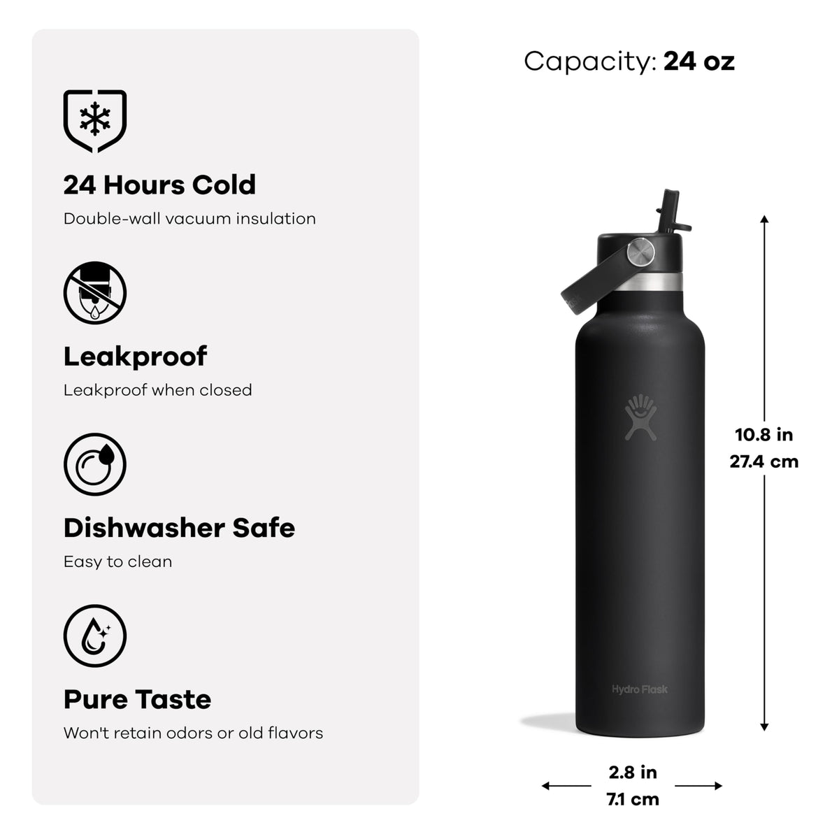 Hydro Flask Water Bottle - Insulated Stainless Steel - Straw Lid, Non Spill, Leakproof in 24 Oz Tonal White