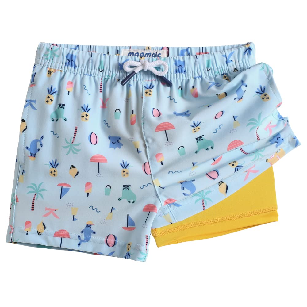 maamgic Boys Swim Trunks with Compression Liner Toddler Boy Swimsuit Quick Dry 4-Way Stretch Swimming Trunks Funny Pale Blue 10-12 Years