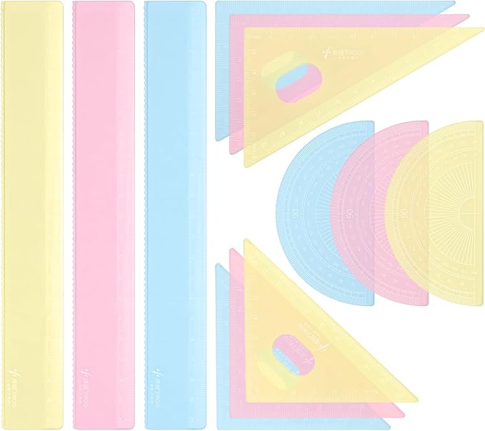 BAYTORY 12Pcs Transparent Ruler Set, Shatterproof Colorful Acrylic Rulers, Clear Lightweight Geometry Set, Student Stationery Measuring Tool, for School and Office (Macaroon Colors)