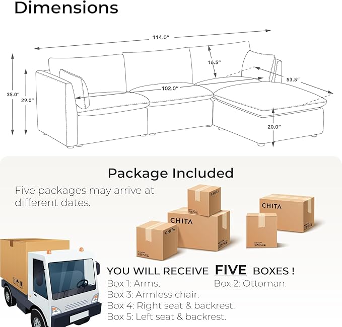 CHITA Luxury Oversized 114" L-Shaped Sectional Sofa Couch, Premium Down Filled Cloud Modular Sectional with Storage Ottoman, FSC Certified, Cream