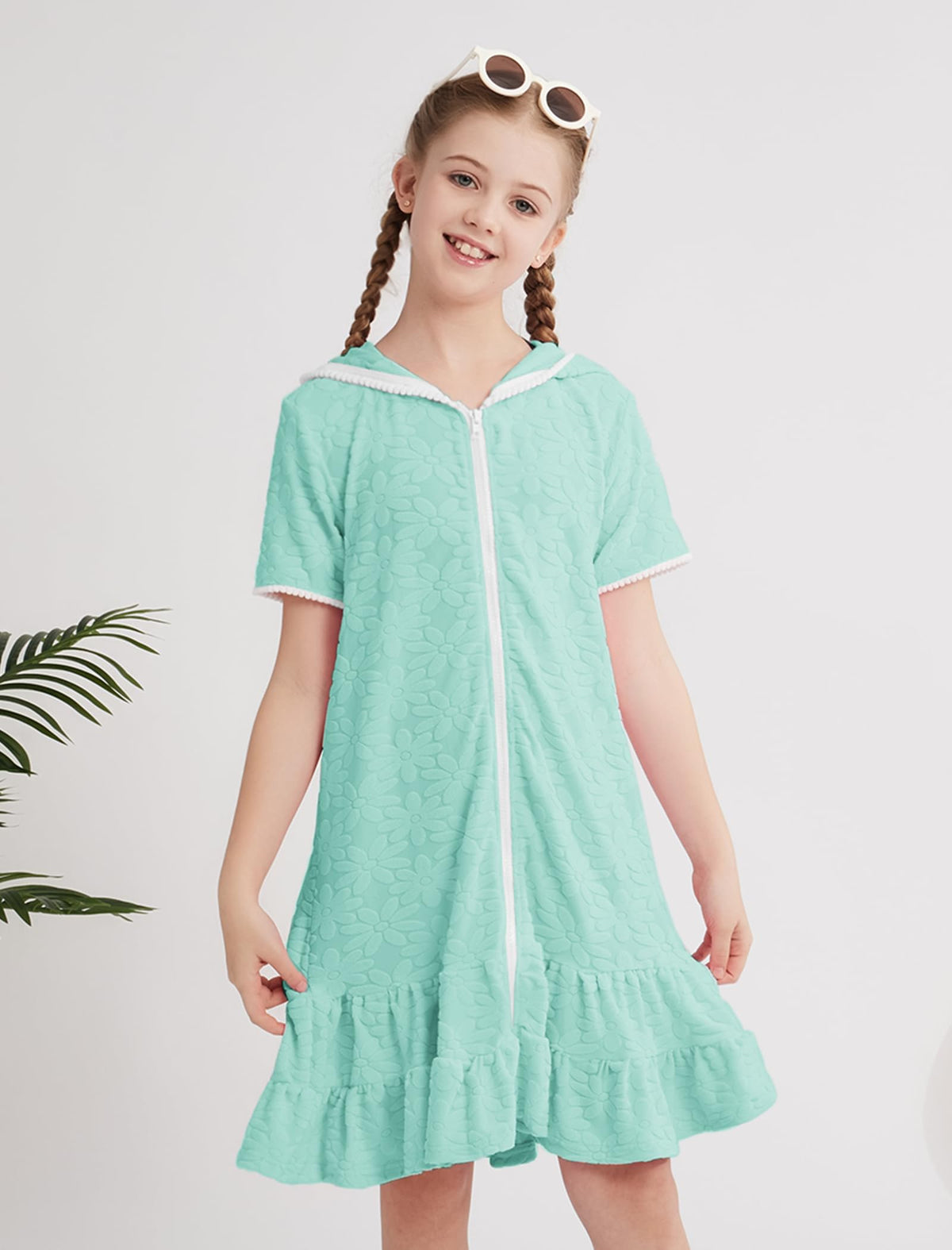 Weixinbuy Girls Swim Cover Up Kids Swimsuit Terry Zip Up Swimwear Hoodie Dress Wraps Beach Bathing Suit Size 6-7 Green