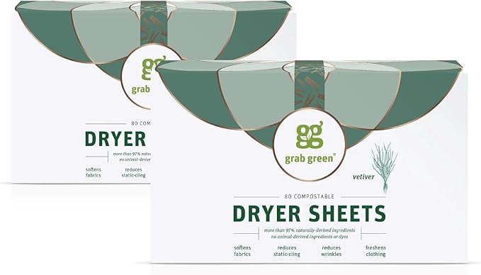 Grab Green Dryer Sheets, 160 Sheets, Vetiver Scent, Plant and Mineral Based, Compostable, Softens Fabrics, Reduces Static Cling and Wrinkles