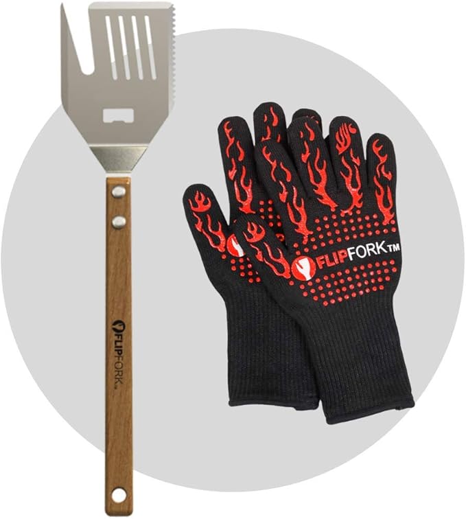 FlipFork 2-piece Griddle Tools Set with FlipFork Boss Multipurpose Grilling Spatula cum BBQ Fork, and Heat-resistant BBQ Gloves, Practical Grill Stuff for Dad and the Pro Chef