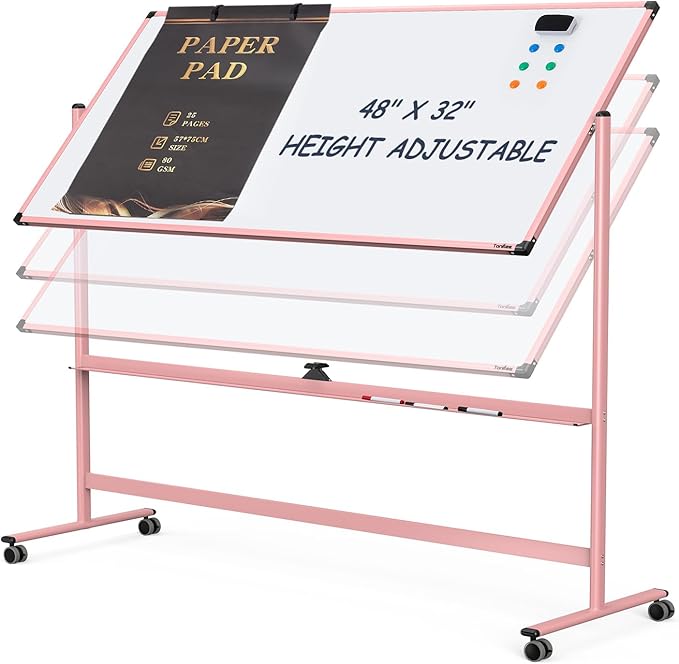 Mobile Whiteboard, 48x32 Inches Dry Erase Board with Stand, Large Rolling Whiteboard on Wheels, Standing White Board for Office, School, Home, Magnetic Double Sided White Board with Paper Pad