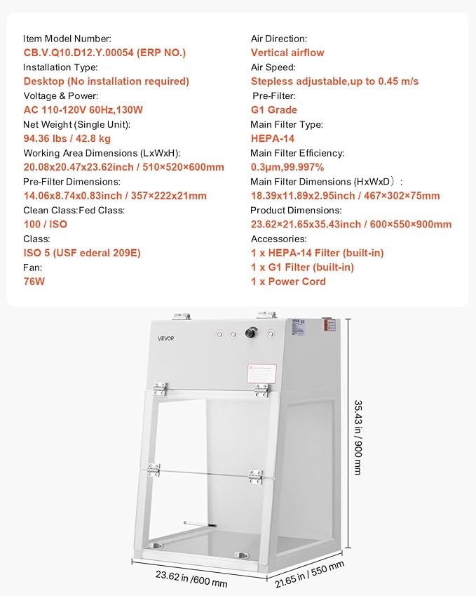 VEVOR Laminar Flow Hood, 20.08 x 20.47 x 23.62 inch Working Area Portable Clean