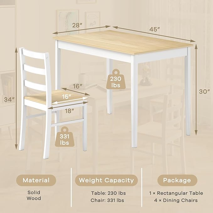 NAFORT Kitchen Table Set for 4, Solid Wood Dining Table and Chairs Set of 4, Farmhouse Dinner Table Set w/Rubber Wood Legs, Mid-Century Modern Dinette Set for Kitchen, Dining Room