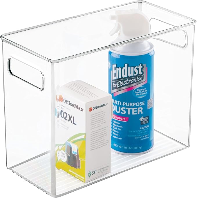 mDesign Tall Plastic Office Storage Bin with Handles - Organizer Bins for Cabinets, Drawers, Desks, Workspace - Containers and Baskets for Pens, Pencils, Highlighters and Notebooks - 2 Pack - Clear