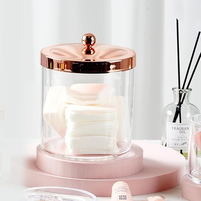 SheeChung 4 Pack 50 Oz Large Apothecary Jar with Rose Gold Rust-Proof Lid - Shatterproof Plastic Laundry Pods Container - Chic Rose Gold Bathroom & Vanity Storage Organizer for Scent Beads, Salts