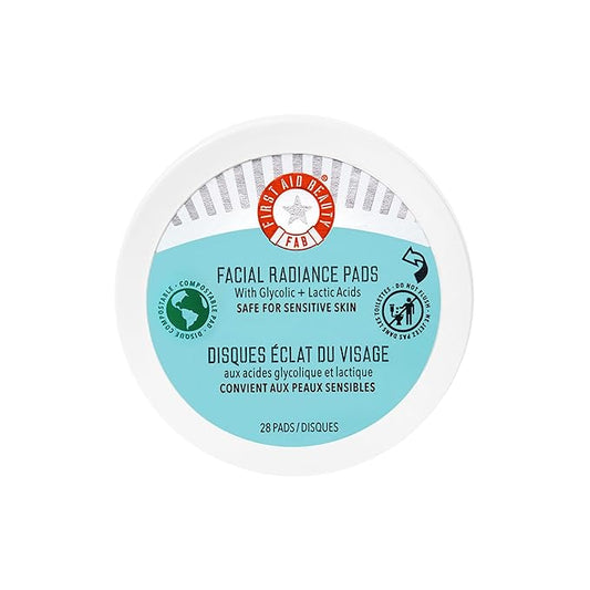 First Aid Beauty - Facial Radiance Pads with Glycolic & Lactic Acids, Daily Exfoliating Pads with AHA, Visibly Smaller Pores, Help Tone & Brighten Skin, One-Step Makeup Prep, Compostable, 28