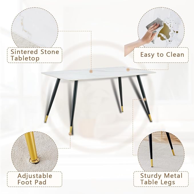 White Dining Table Set for 4, 62'' Dining Table Set for 4, Sintered Stone Dining Room Sets for 4, Easy to Assemble
