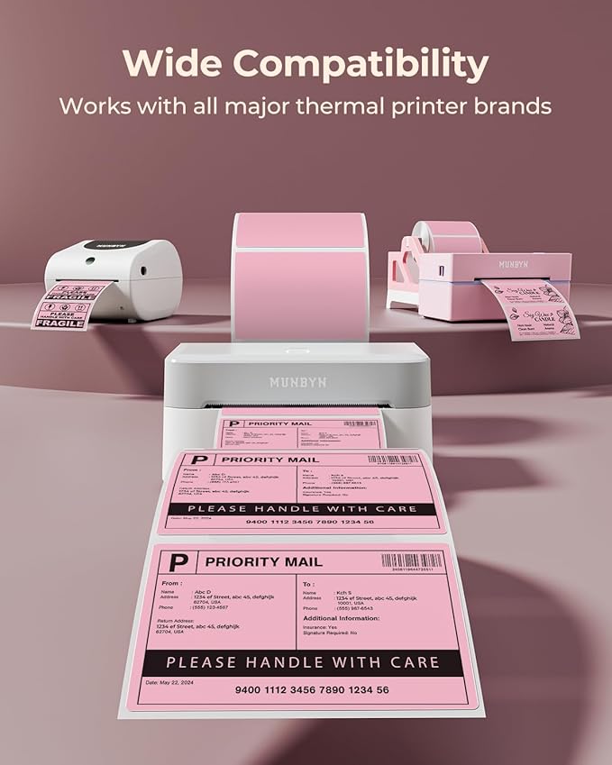 MUNBYN 4” X 3” Direct Thermal Labels, Thermal Printer Stickers, Strong Adhesive, Labels Paper for Mailing, Barcode, 500 Sheets/1 Roll, Pink