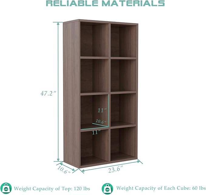 8-Cube Storage Shelf Bookcase - Wooden 4-Tier Floor Standing Open Bookshelf for Home and Office, Cuby Orgainzer, Walnut