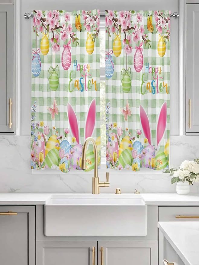 Happy Easter Bedroom Curtains 63 Inches length, Spring Bunny Eggs Flower Sage