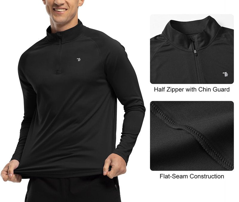 BGOWATU Men's 1/4 Zip Pullover Lightweight Dry Fit Fishing Shirts Long Sleeve Sun Shirts Golf Pullover for Men Black L