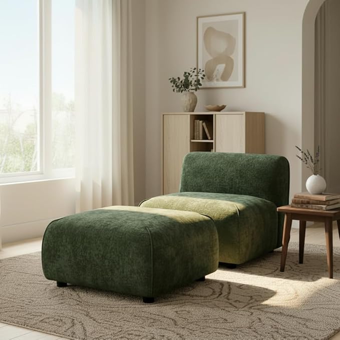 Christopher Knight Home Milio Modern Accent Chair with Ottoman Foot Rest, Wooden Frame Club Chair and Ottoman, Comfy Living Room Lounge Chair with Coffee Table, Single Sofa and Footstools, Green