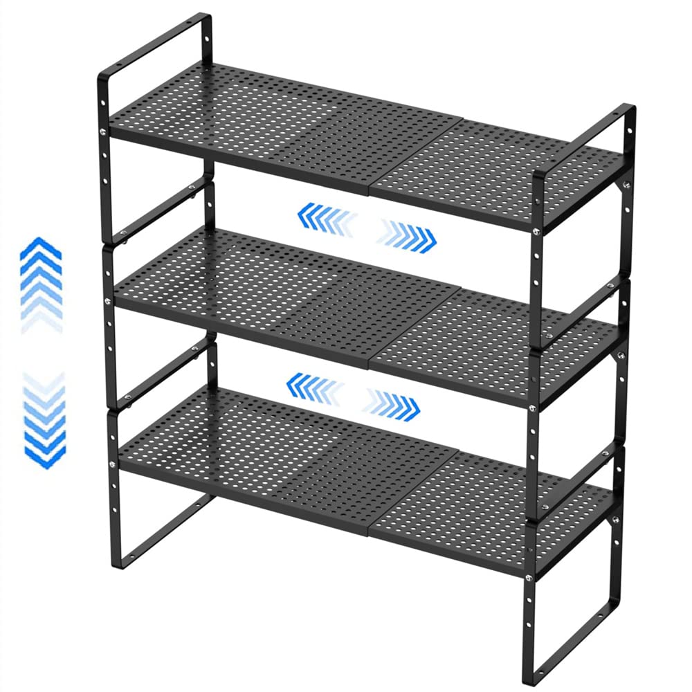 MIYUPTC Expandable Cabinet Shelf Rack, Large Kitchen Cupboard Organizer Stackable Cabinet Pantry Shelf, Organization and Storage for Kitchen Bathroom, Metal Plate, White, 3 Pack