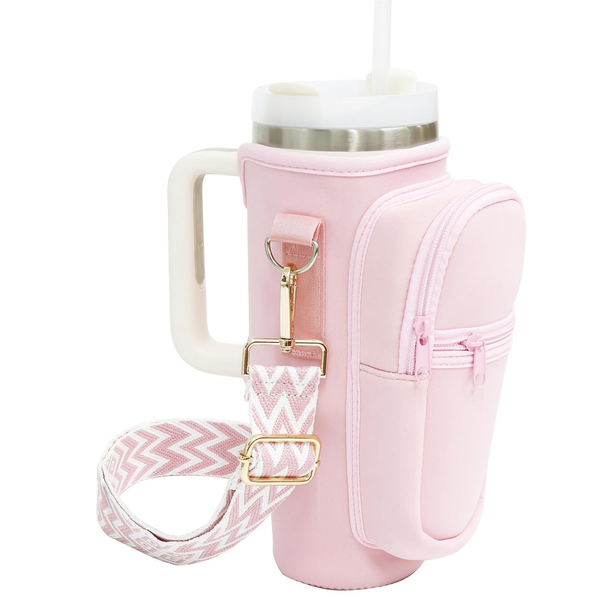 Water Bottle Holder with Strap for Stanley Cup 40 oz Tumbler with Handle, Super Large Capacity Pocket, Water Bottle Carrier Bag with Phone Pocket for Stanley Cup Accessories (Pink)