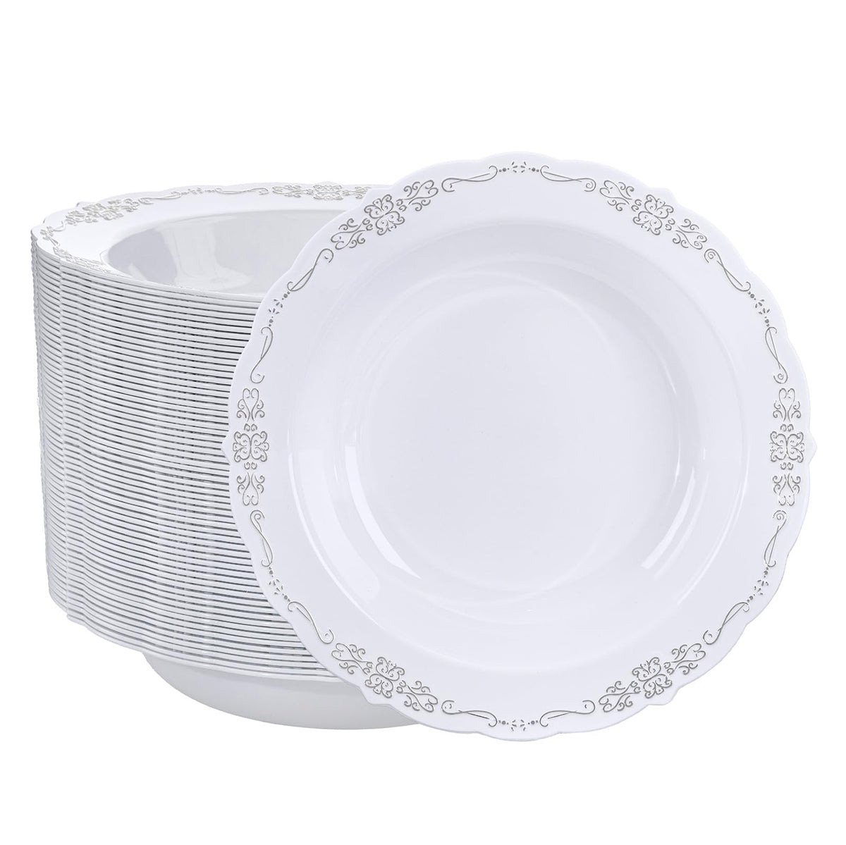 DaYammi 30 Pack Plastic Bowls with Silver Rim, 12oz Disposable Soup Bowls, Silver Bowls Disposable Heavy Duty Dinner Bowls for Weddings,Plastic Serving bowls Parties,Dinners,Catering and Everyday Use