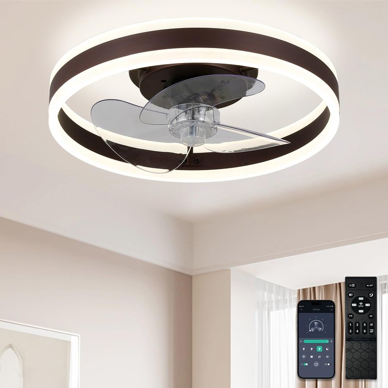 diisunbihuo 16" Low-Profile Ceiling Fan with Light (Coffee Brown), Modern Bladeless Enclosed Fandelier, Dimmable CCT, Remote & App Control, Timer & Memory for Bedroom/Living Room/Hallway