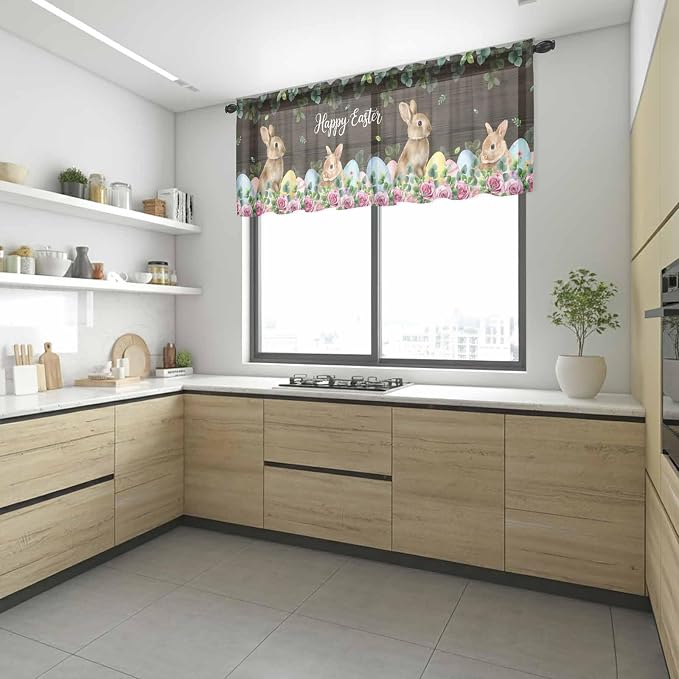 Easter Sheer Valances for Windows 54"x18", Light Filtering Kitchen Curtains