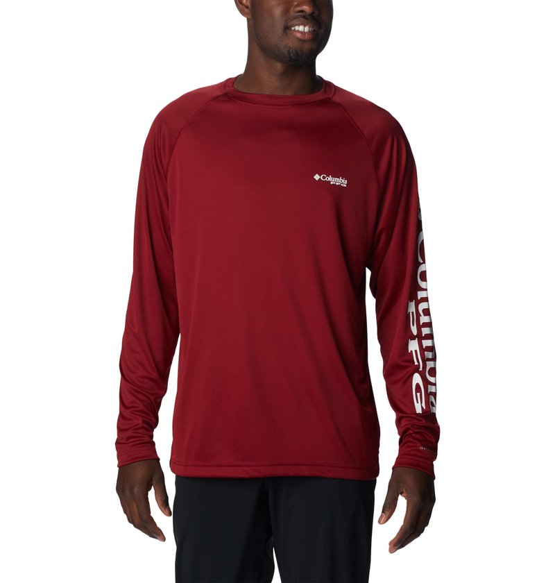 Columbia Men's PFG Terminal Tackle Long Sleeve Fishing Shirt, Beet/White Logo, Large Tall