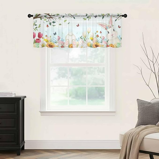 Easter Sheer Valances for Windows 42"x12", Light Filtering Kitchen Curtains