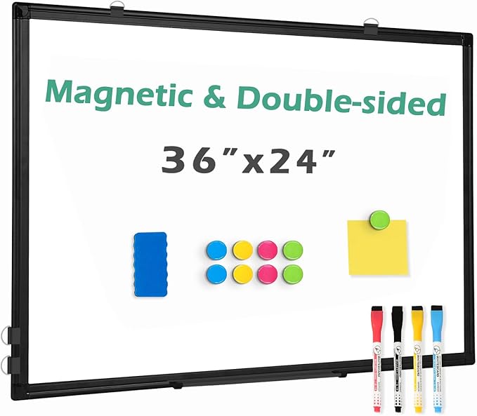 Double Sided Magnetic White Board，36"x24" Dry Erase Whiteboard for Wall with Black Aluminum Frame Presentation Board for School, Office and Home