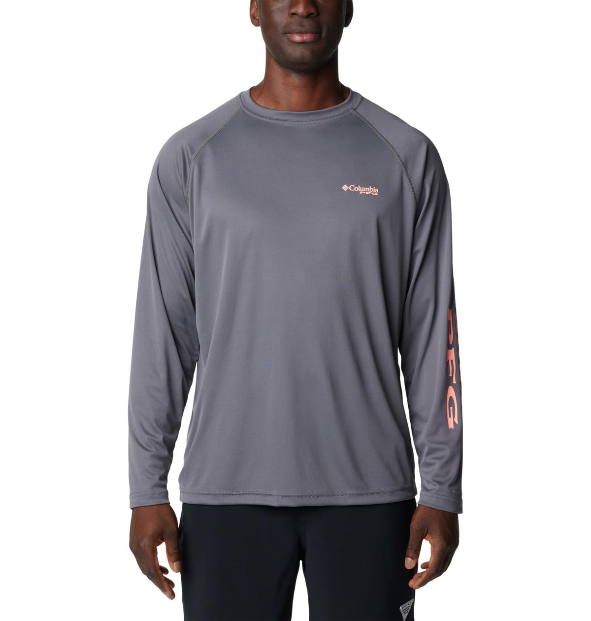 Columbia Men's Terminal Tackle Long Sleeve Fishing Shirt, City Grey/Tiki Pink Logo, X-Large Tall