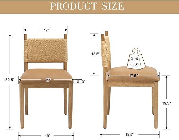 CIMOTA Faux Leather Modern Dining Chairs Set of 4, Mid Century Upholstered Dining Room Chairs with Woven Back, Armless Kitchen Chairs with Natural Solid Wood Legs, PU Brown
