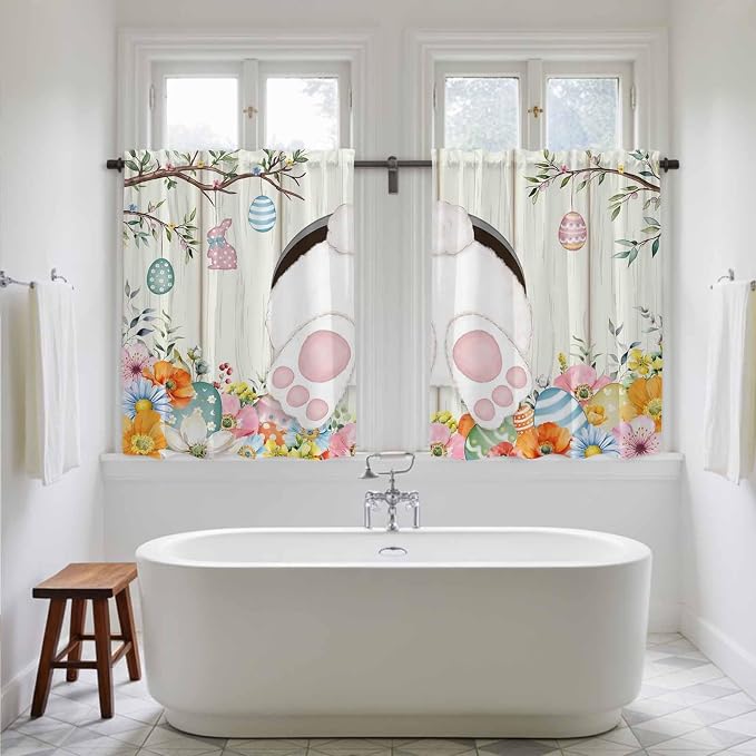 Easter Kitchen Curtains 54 Inch Long 2 Panel Set, Rod Pocket Window Curtains