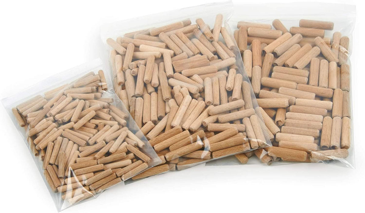 ALBO Wooden Dowel Pins 500 Pack Assorted Sizes 1/4 + 5/16 + 3/8 inch Fluted Wood Dowels Rods Hardwood Crafts Dowel Pegs