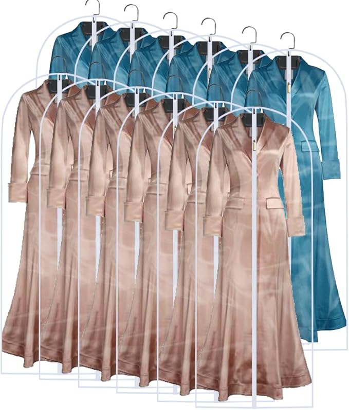 Garment Bags for Closet Storage (set of 12) Wedding Dress Garment Bag Clothes Bags for Storage Plastic Waterproof Dress Cover with Zipper for Dresses, Coats, Uniforms, Long Coats, Trench 24'' x 60''
