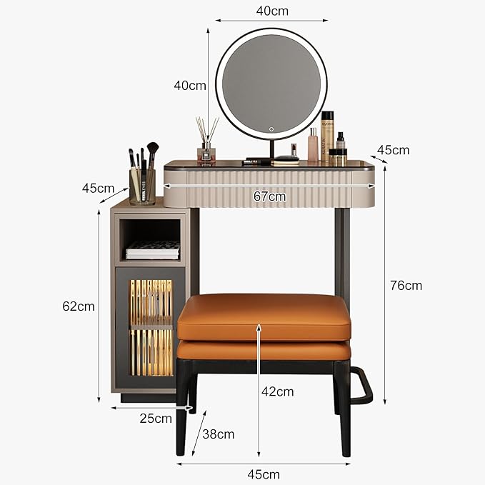 Lartis Makeup Vanity, with LED Makeup Mirror, Three Adjustable Light Levels, Tempered Teal Glass countertop,White Wax Wood Makeup Stool
