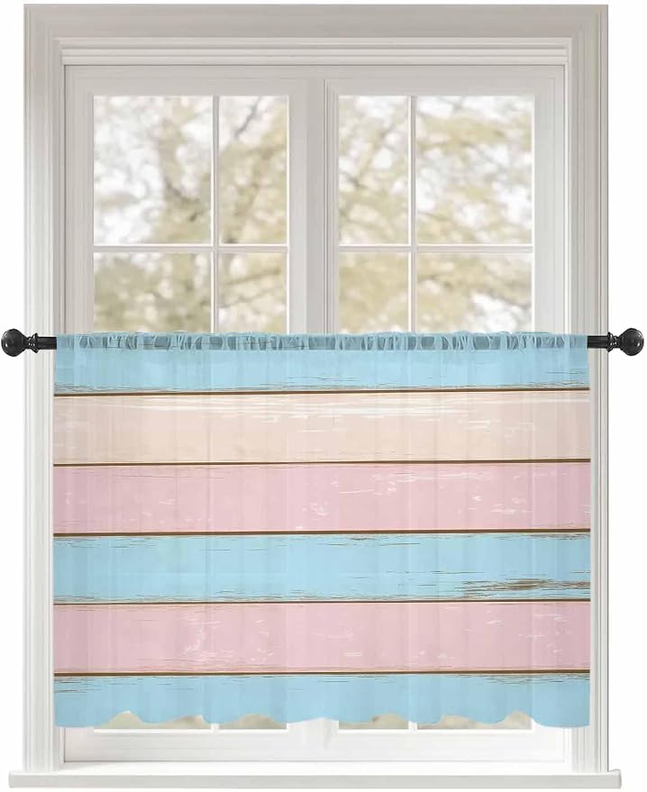 Sheer Curtains 45 Inch Length, Farmhouse Country Shabby Striped Privacy Voile