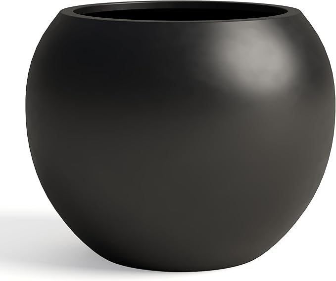 DTY Signature Mount Sherman Modern Indoor Outdoor Fiberstone Sphere Planter, Durable Round Garden Pot, Weather Resistant, Drainage Hole & Rubber Plug, Planter for Christmas Tree - Large, Black