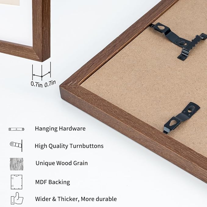 Axeman 11x17 Picture Frame with Mat for 8x12, Solid Oak Wood Poster Frame with Tempered Glass, Natural Wooden 11''x17'' Photo Frame for Wall Home Decor Art Photo and Prints with Wall Hooks, Walnut