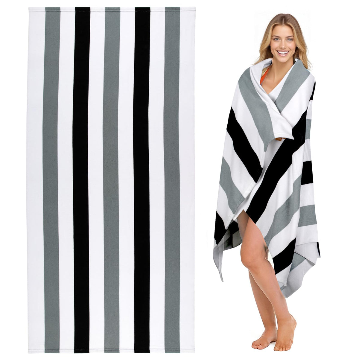 cabanana Large Oversized Beach Towel - Microfiber Sand Free 35 x 70 Inch Quick Dry Lightweight Pool Towel for Adults, Thin Striped Swim Towel (Black)